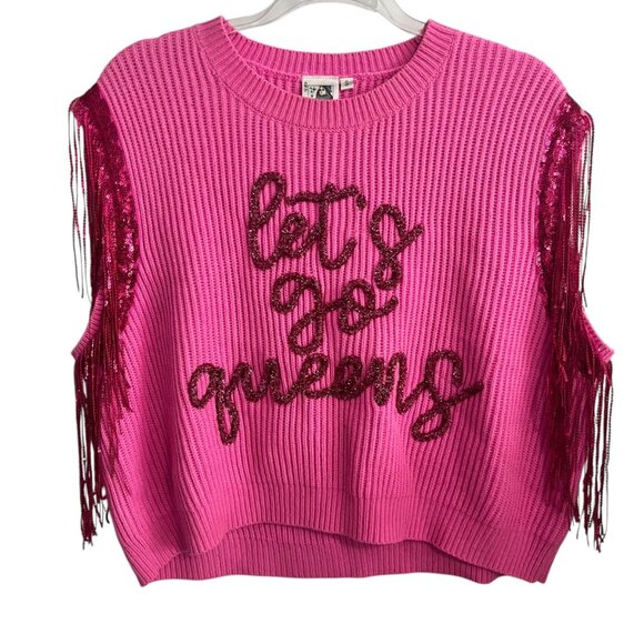 QUEEN OF SPARKLES LETS GO QUEEN PINK FRINGE SWEATER VEST SMALL CROWN COWGIRL - Picture 2 of 7